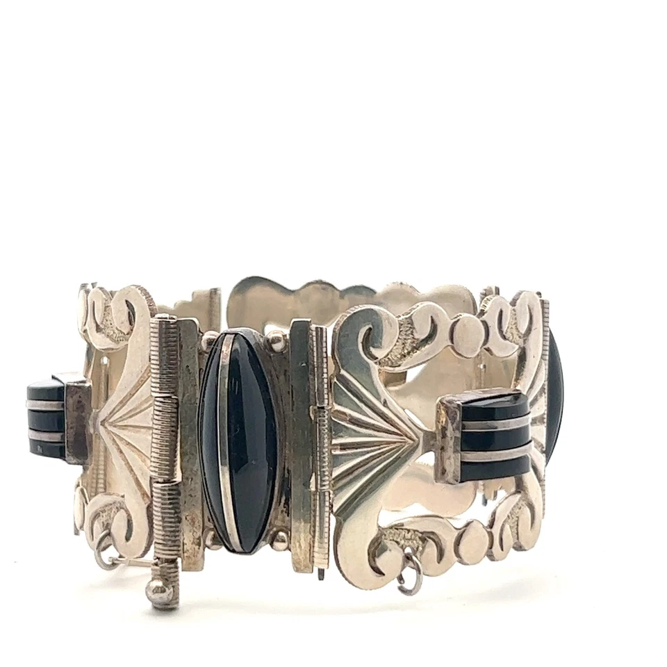 Mexico Argento Sterling Antico Scorrere Onice Nera Bracciale - Immagine 3 di 4