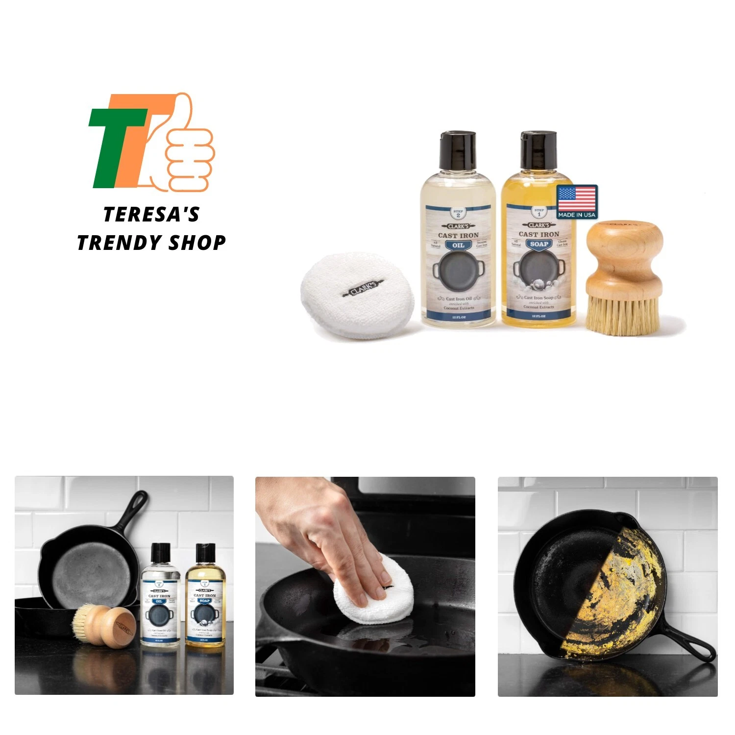 Cast Iron Care Kit with Coconut Oil - Includes Seasoning Oil, Soap, Scrub Bru...