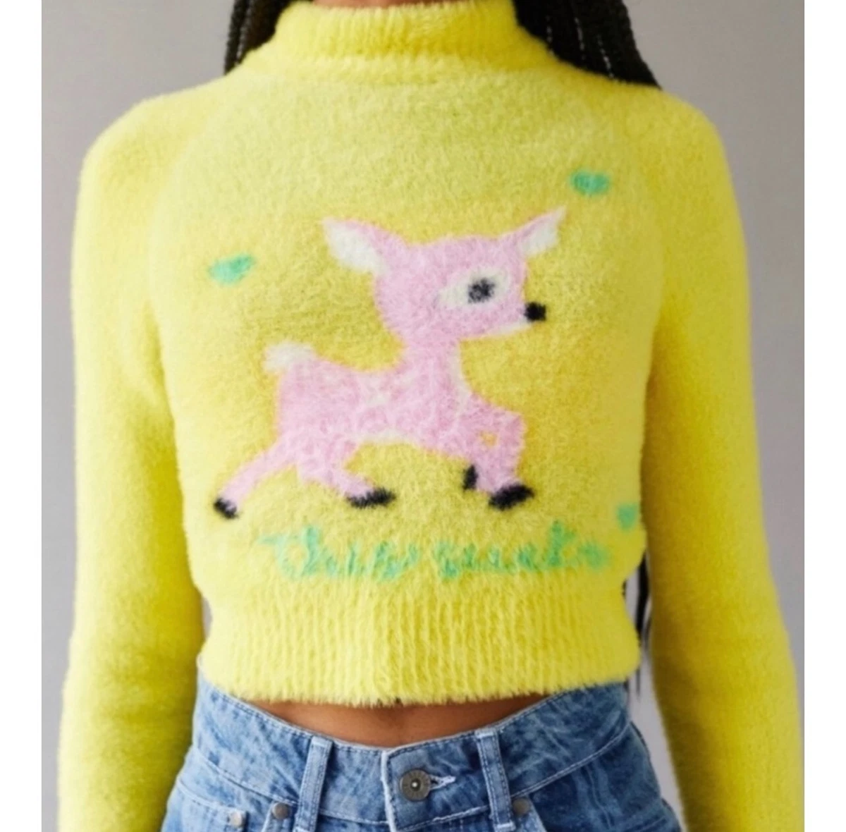 URBAN OUTFITTERS Cleo This Sucks Fuzzy Yellow Deer Sweater Size