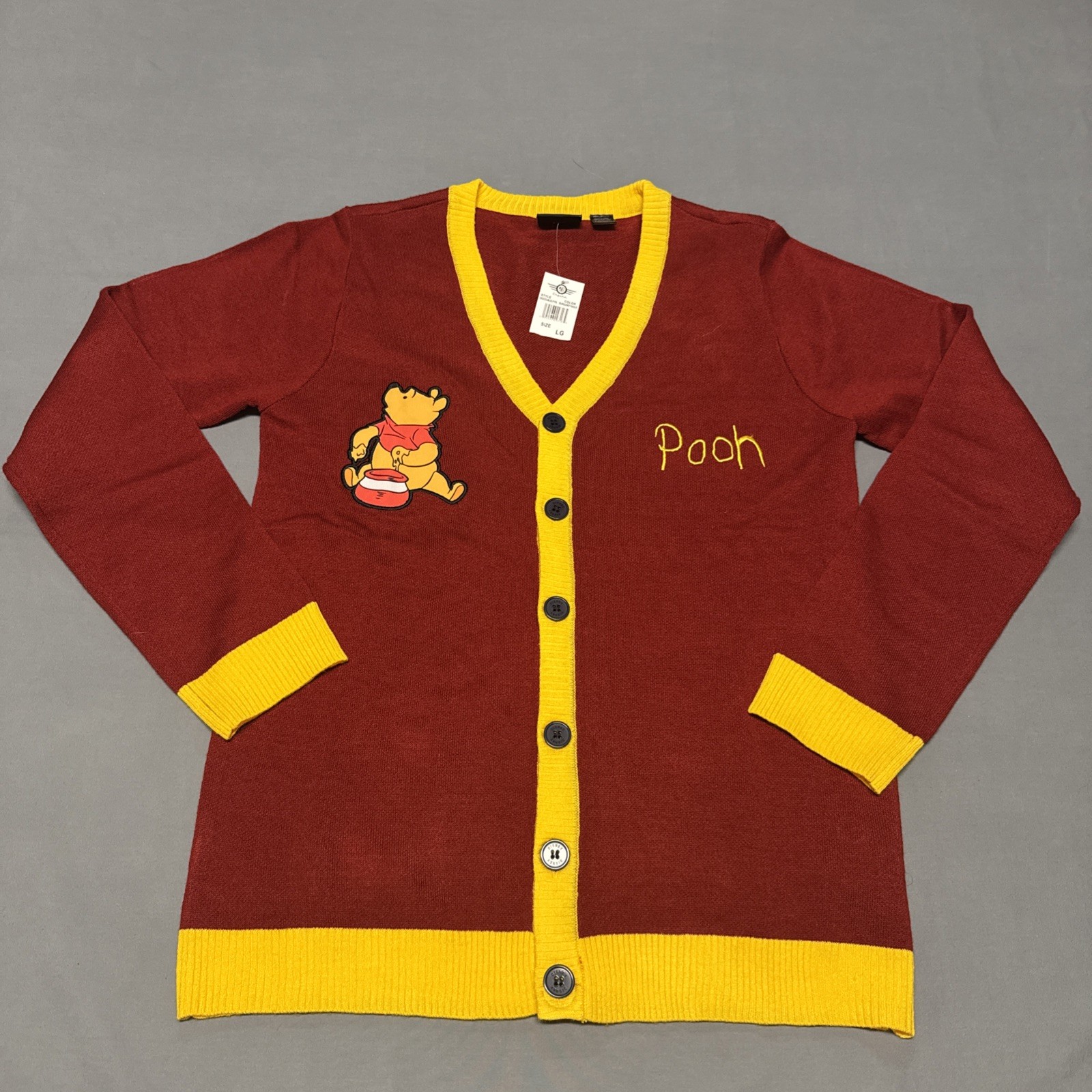 New Disney Winnie The Pooh Sweater cardigan Button Front Embroidered Red Large