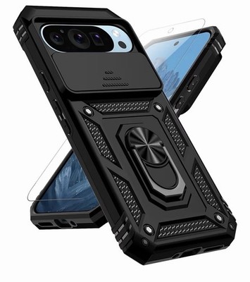 Google Pixel 9 Pro XL Case with Slide Camera + Cover HD Screen Protector, Black