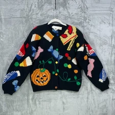 Vtg 1990 Eagle's Eye Sweater Cardigan Size M Wool Hand Knit Halloween Pumpkin