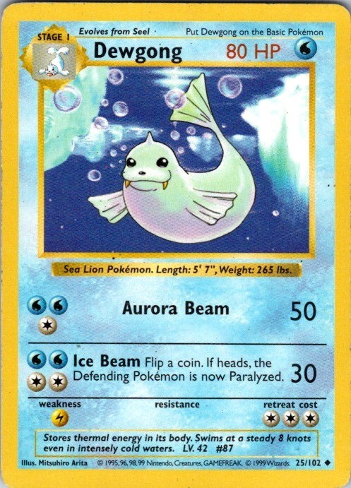 Dewgong 25/102 Uncommon Base Set Shadowless Pokemon Damaged