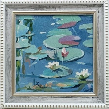 Original oil painting framed Water lilies  4x4 in
