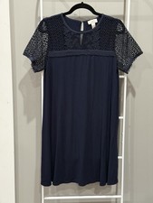 Loft Navy Crochet Lace Yoke Swing Dress M Boho Cottagecore 60’s Mod Romantic