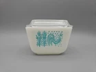 VTG PYREX Amish Butterprint Turquoise White 1 1 /2 Cup Rectangle Dish/Lid #501B