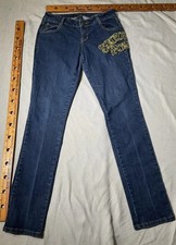 VTG Southpole Jeans Womens Sz 7 Blue Embroidered Spellout Denim Rhinestone Y2K