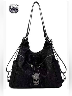 Skull Print Leather Tote Bag Convertible Backpack Crossbody Satchel Purse