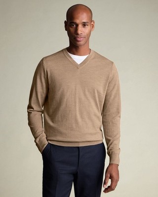 Charles Tyrwhitt Merino V-Neck Sweater in Stone Men's Size M Medium - NWT
