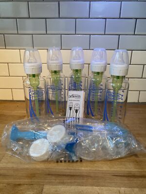 5 NEW Dr. Brown's Narrow Glass Baby Bottles 8 oz Level 0M+ 1 Nipples