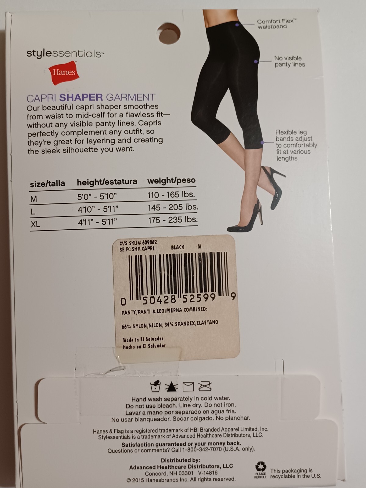 Hanes Style Essentials Capri Shaper Garment 1 Pair Black Size M