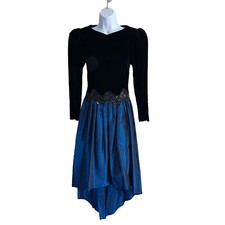 Vtg 80's Scott McClintock Black Velvet Blue Taffeta Party Dress Puff Sleeves