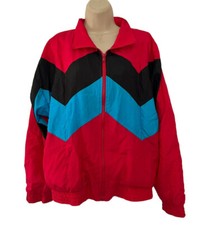 Vintage 90s Longstreet Missy Women's Sz S Red Black Turquoise Zip Up Windbreaker