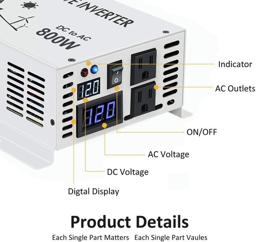 800W Pure Sine Wave Power Inverter 12/24/36/48V to 120V RV Converter Off-Grid - Picture 2 of 10
