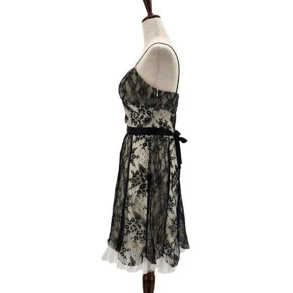 Vestido Vintage ABS por Allen Schwartz Talla 4 Encaje Floral Negro Blanco Cóctel Fiesta Foto 3 de 4