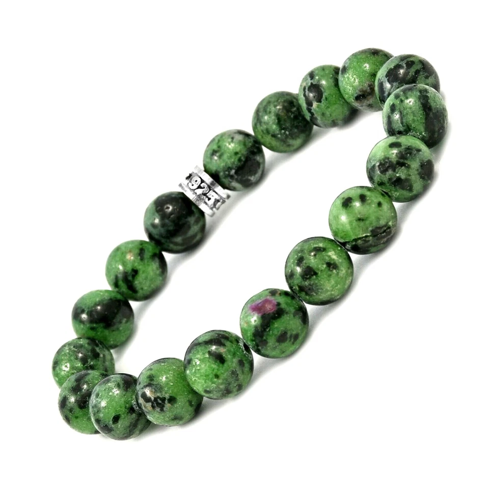 NOV9M 26.00ct Ruby Zoisite 10mm Beads & 925 Sterling Silver Stretch Bracelet 7" - Image 2 of 4
