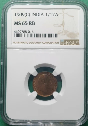 1909(C) BRITISH INDIA 1/12 ANNA NGC MS 65 RB HIGH!