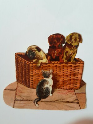 Alte große Oblate Glanzbild Poesiealbum Scrab Hunde Mops Katze vor 1960