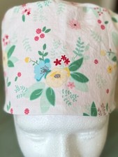 Floral on white reversible adult Skull/Chemo Surgical Scrub Hat/Cap Handmade