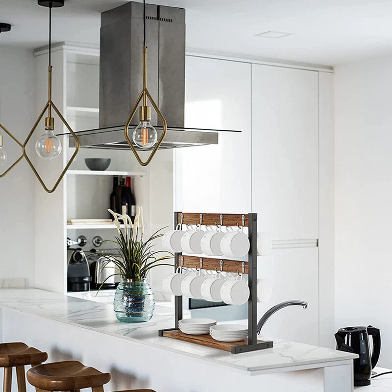 Vintage Wood Coffee Mug Holder Stand 2 Tier Countertop Mug Tree Holder Rack Base - Image 4 of 4