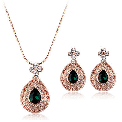  18K ROSE G/P AUSTRIAN CRYSTAL & CZ EMERALD GREEN  NECKLACE & EARRING SET 