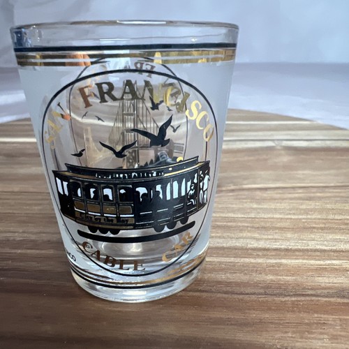 Souvenir Shot Glass Frosted San Francisco Cable Car Golden Gate Bridge Gold Acct