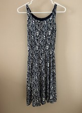 UNIQLO Women Sleeveless Built-In Bra Navy Blue White Floral Flowers Dress Size S