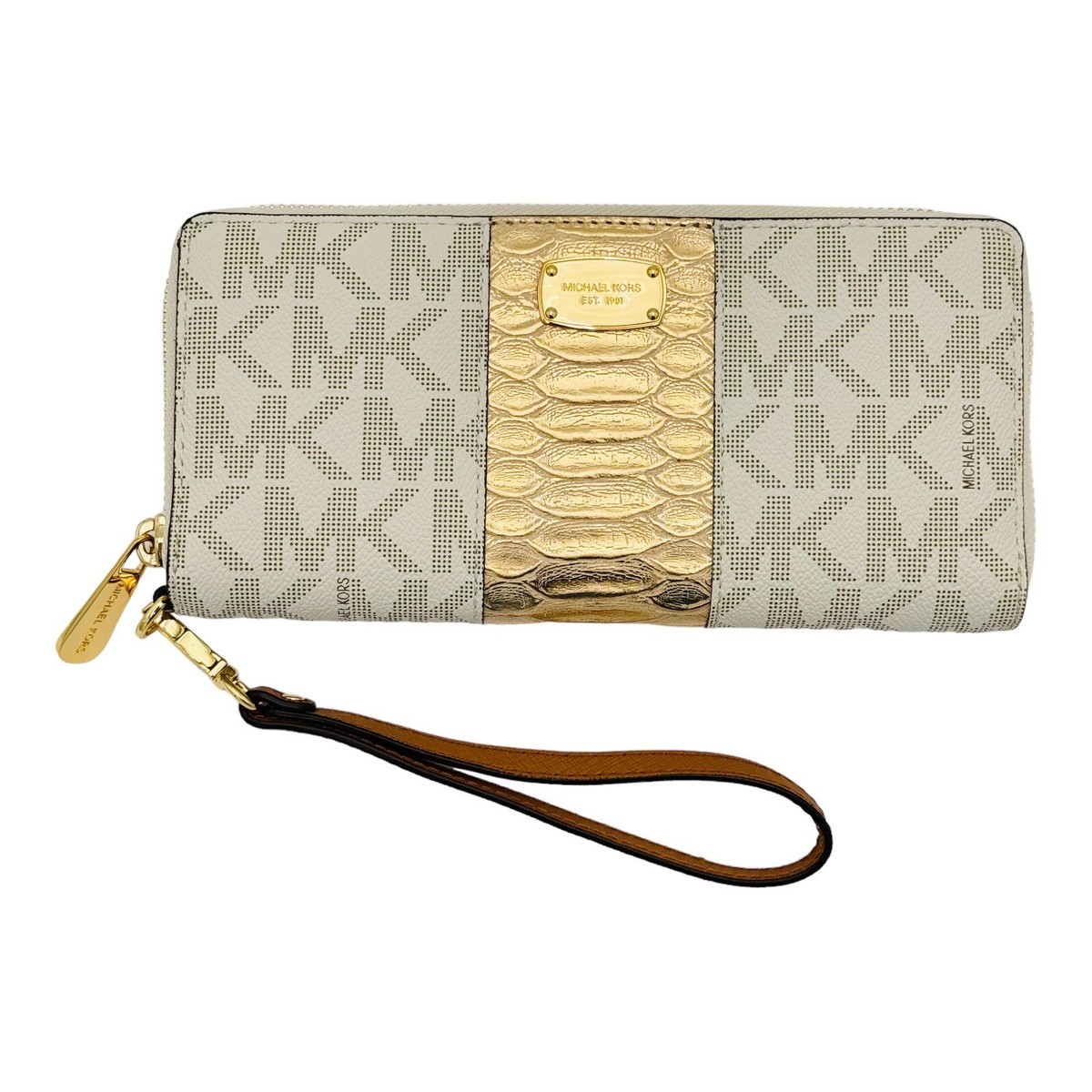 Michael Kors Center Stripe Travel Continental Zip Wallet Vanilla