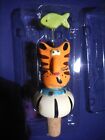 Ceramic Hand Painted Tabby Cat Wine Stopper with Green Fish Wire Whiskers New