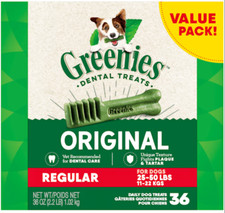 Greenies Regular Original for Dogs 25-50 lbs, Dental Dog Treats, 36 oz. 36 count