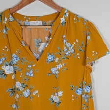 Blusa Loft Outlet Amarillo Mostaza Floral Cuello en V Manga Acampanada Grande Aireada Fluida