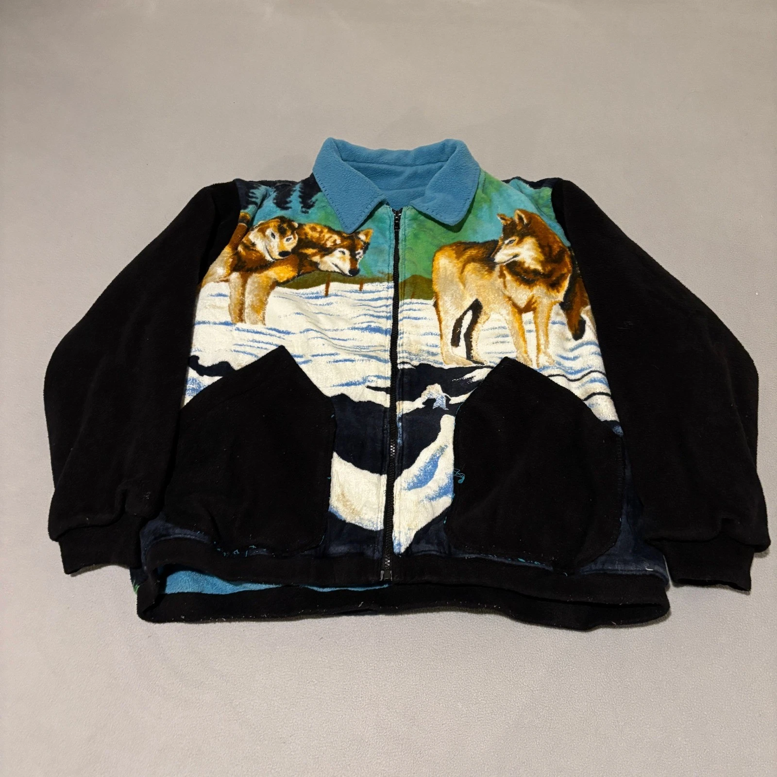 Vintage Wolf Nature Print Fleece Jacket Full Zip Mens Large Black Blue Graphic
Opens in a new window