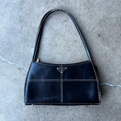 PRADA Vintage Logo Shoulder Bag Zip Padlock Black Silver Leather DISTRESSED