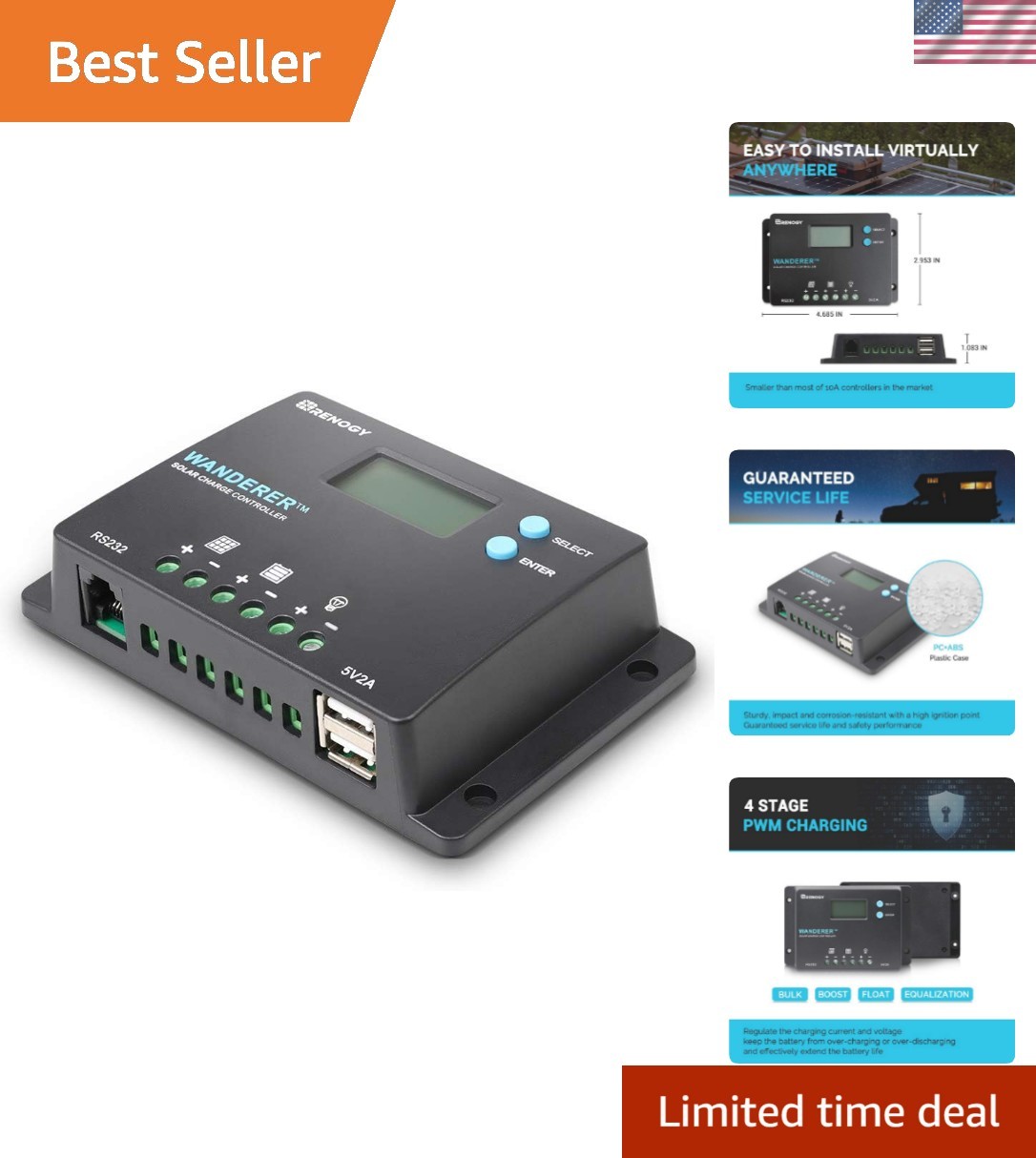 Wanderer 10A Solar Charge Controller &ndash; 12V/24V PWM w/LCD D