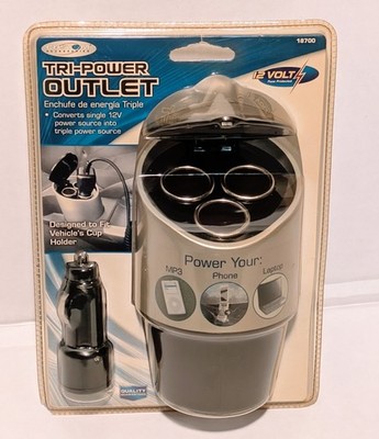 Tri Power Outlet Fits Cup Holder Converts One 12V Into Triple Power Source New