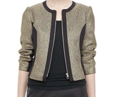 Ted Baker Zip Front Jacket Wmn EU 2 US 6 Gold Black Metallic Textured Blazer