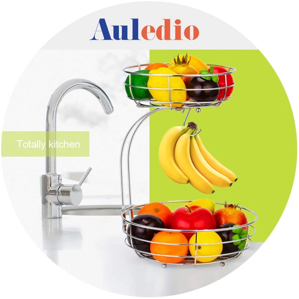 Auledio Encimera de 2 Niveles Frutas Verduras Cesta Cuenco Almacenamiento con Plátano Foto 3 de 4