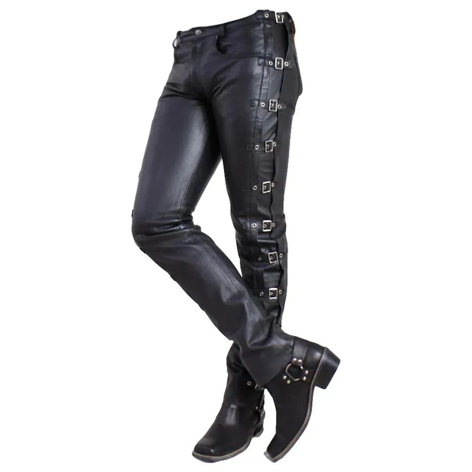 Men's Black Sheepskin Leather Pants Buckle Accent, Slim Fit Motorbike Style Pant