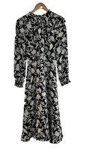 J Crew Ruffle Neck Peasant Dress 4 Black Natural Midi Flowy Ruffle Chiffon