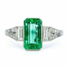 Art Deco 4.20 Ct Natural Green Emerald Vintage Wedding Ring 925 Sterling Silver