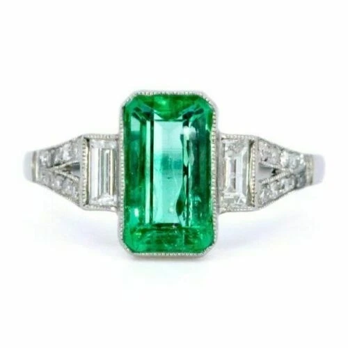Art Deco 4.20 Ct Natural Green Emerald Vintage Wedding Ring 925 Sterling Silver