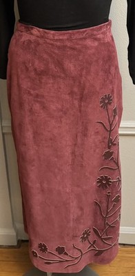 Vintage 90s DIALOGUE  Suede Leather Maxi Skirt Long Embroidered Floral 16 