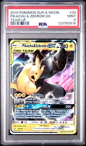 2019 POKEMON SUN & MOON TEAM UP #33 PIKACHU & ZEKROM GX PSA 9
