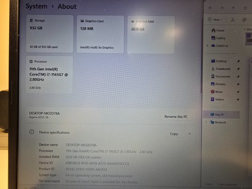15.6" Acer Aspire A515-56 i7-1165G7 20GB RAM 1TB SSD FHD Backlit W11 - NO PSU/AC - Picture 7 of 10