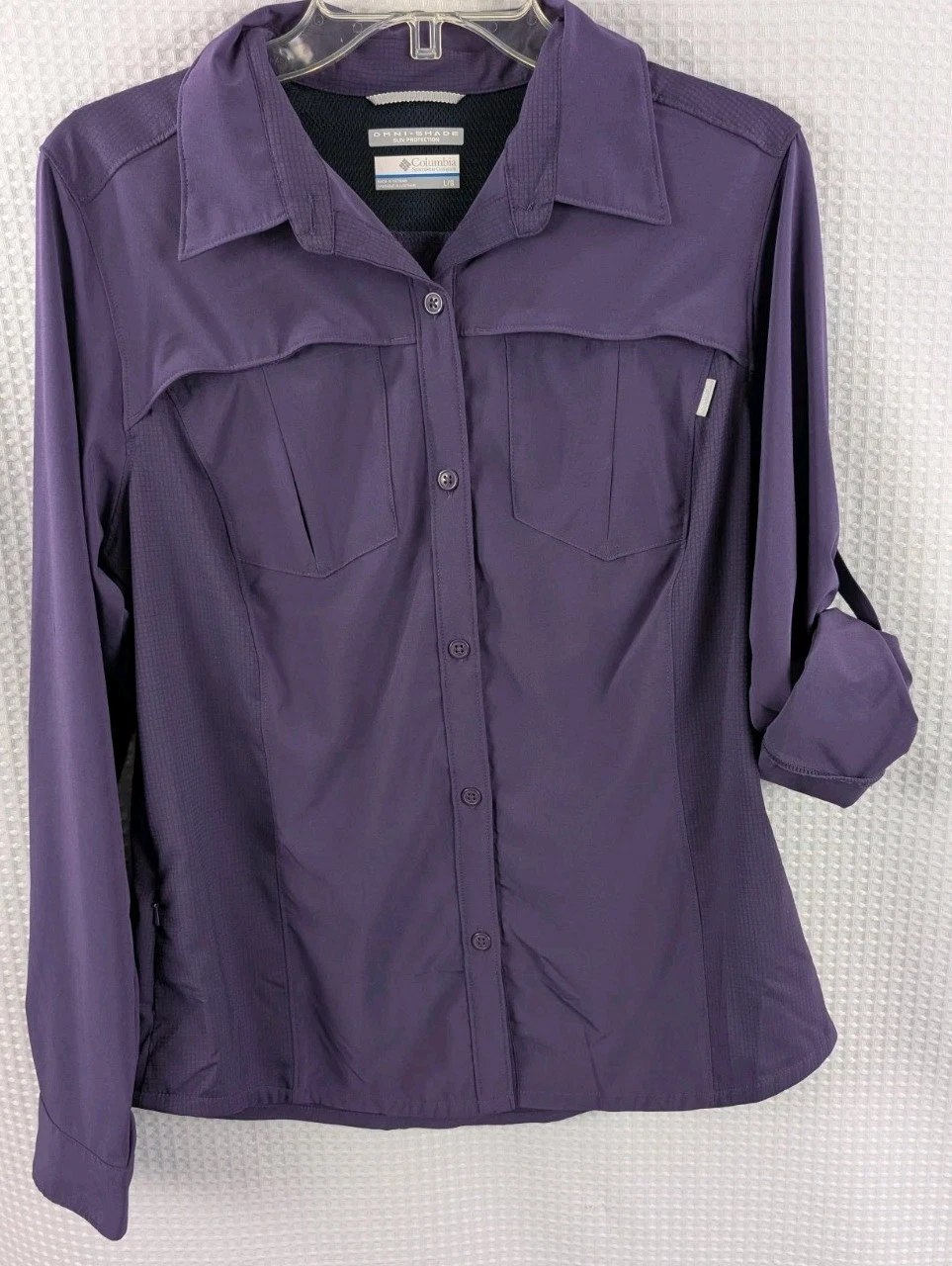 Columbia Omni Shade Dark Purple Long Roll-Tab Sleeve Vented Shirt NWOT Sz Large