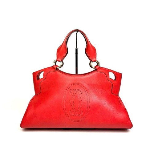 Cartier Marcello Red Leather Tote Bag Gold Hardware Perforated Shoulder Bag