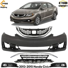 Front Bumper Cover Prime Plastic & Grille Assembly Kit For 2013-2015 Honda Civic