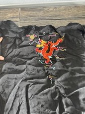 Vintage Chinese Peacock Embroidered Dragon Silk Robe Black