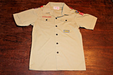 Boy Scouts of America BSA Youth Shirt Tan Large Glued Patches Short Sleeve