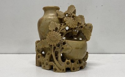 Vintage Soap Stone Hand Carved Sculpture of Flowers & Vase Vintage